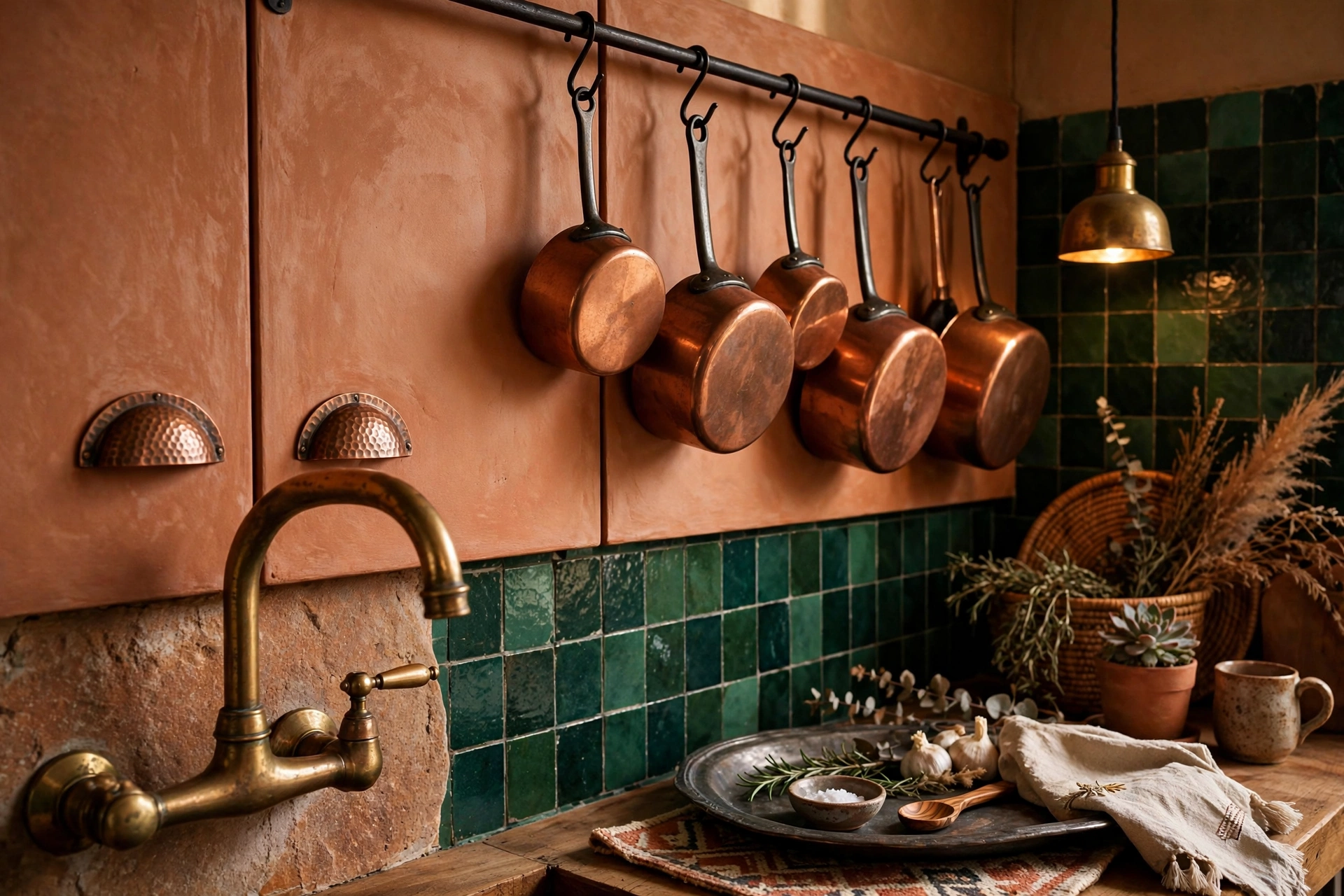 Boho kitchen design ideas with unlacquered brass taps, copper pans on a rail and hammered copper cabinet pulls