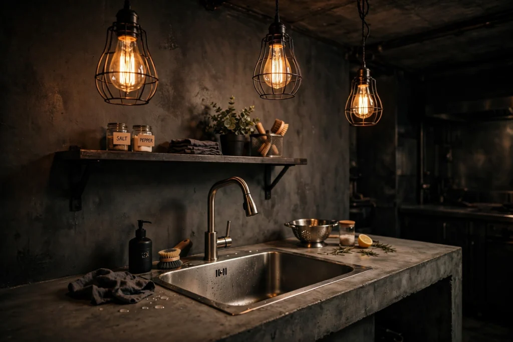 Industrial kitchen design ideas with Edison bulb cage pendant lights glowing over a kitchen sink and work zone