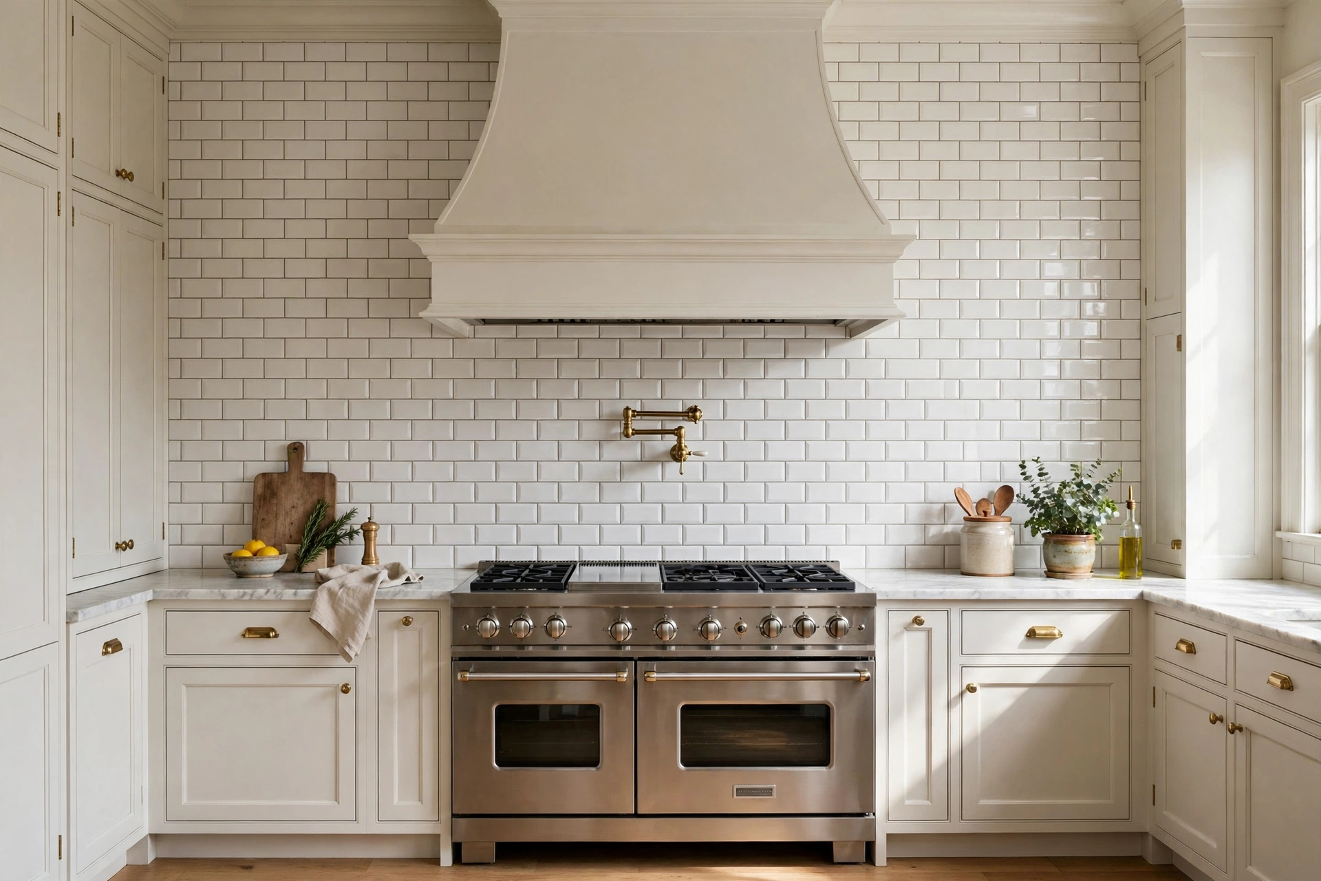 Traditional kitchen design ideas with beveled white subway tile backsplash and contrasting grout behind the range