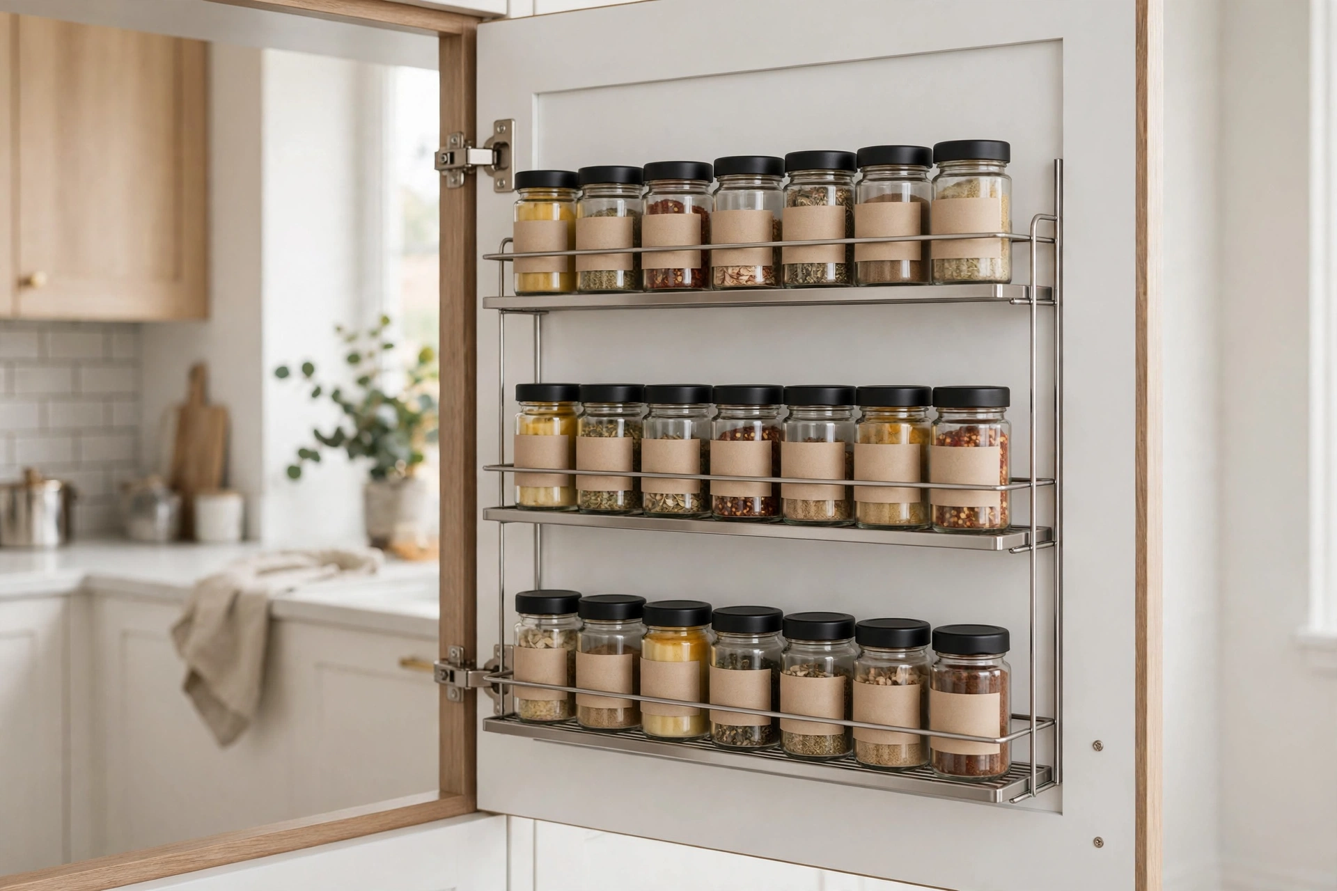 Cabinet door fitted with slim racks organizing uniform labeled spice jars in a small pantry