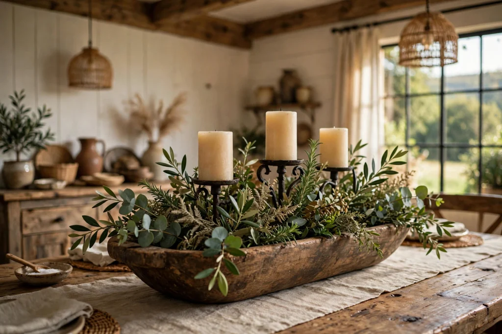 Farmhouse dining table centerpiece with a wooden dough bowl of greenery and candles