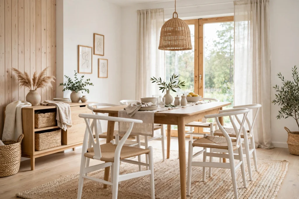 Pale jute rug under a light oak dining table in a Scandinavian dining room