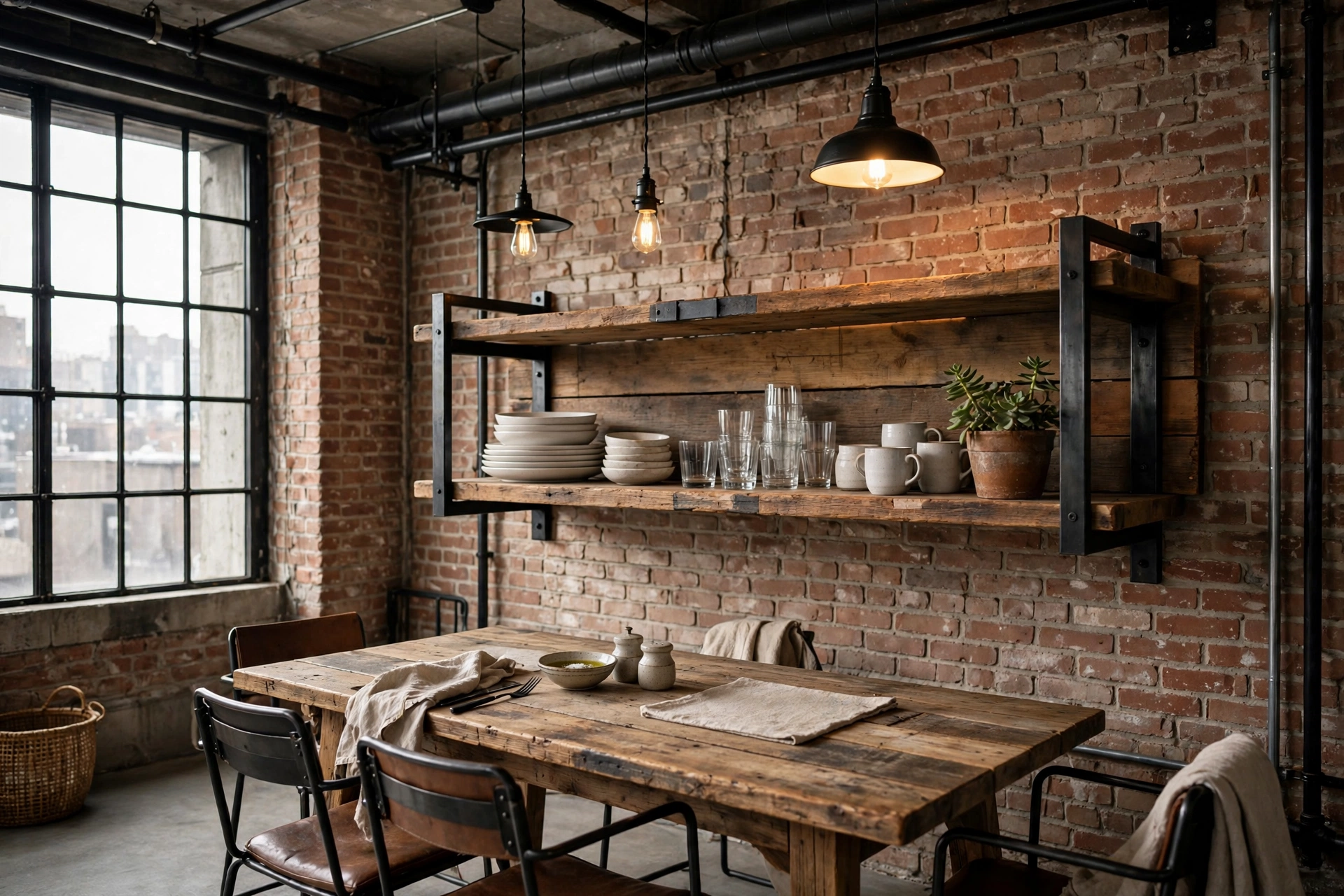 Open black steel and wood shelf styled with dishes and glassware in an industrial dining room
