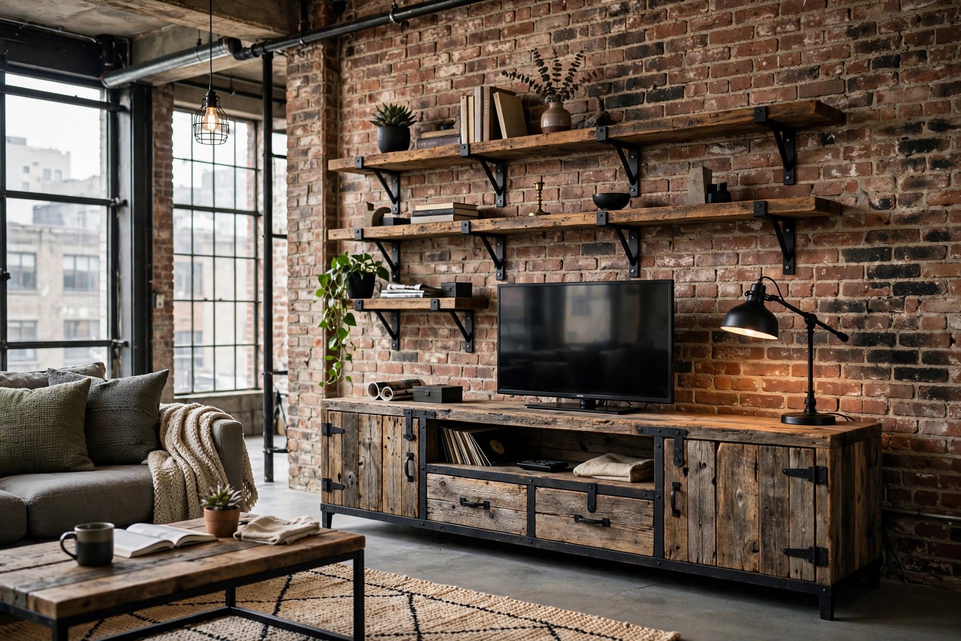 Reclaimed wood media console and shelves in an industrial living room