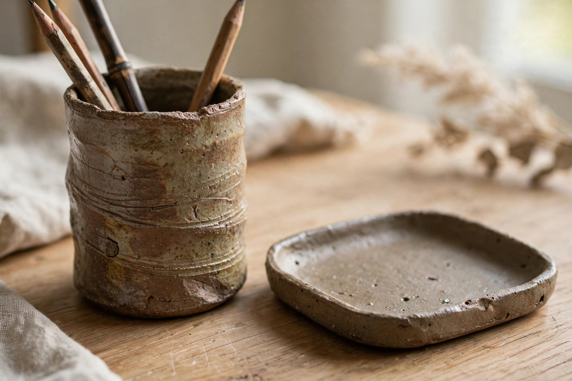 Handmade wabi-sabi stoneware pen cup and tray on a wooden Japandi desk