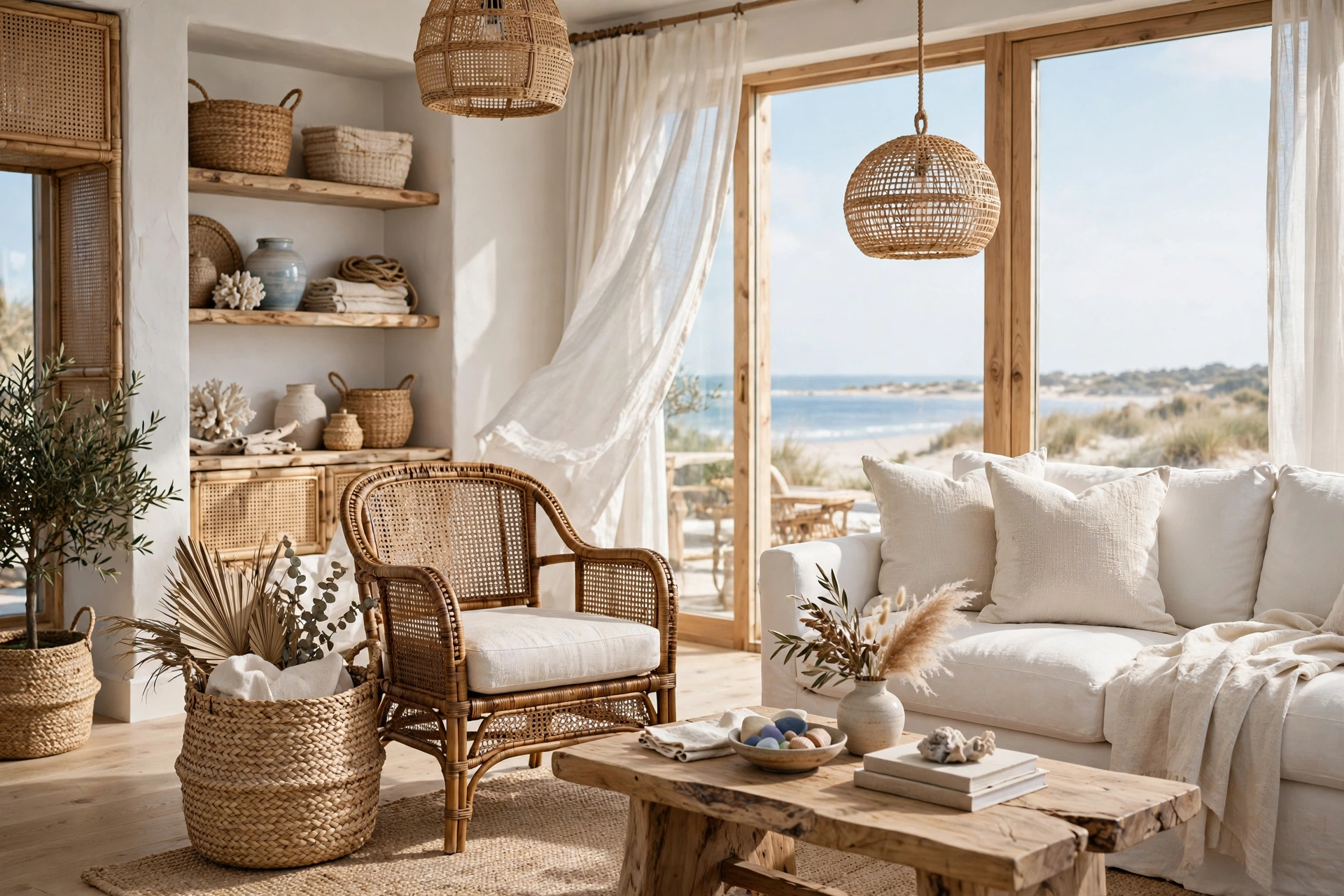 Coastal living room design ideas with woven rattan armchair and natural cane accents