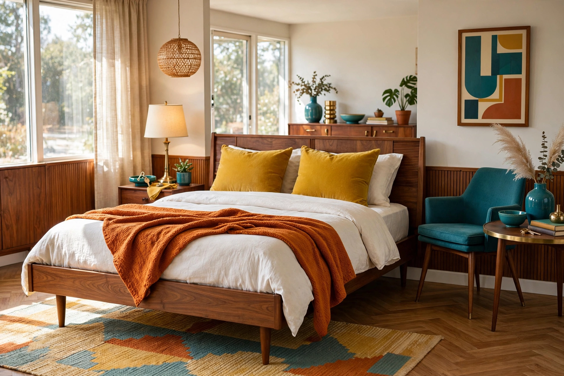 Mid-century modern bedroom with mustard yellow pillows, teal accents and burnt orange throw