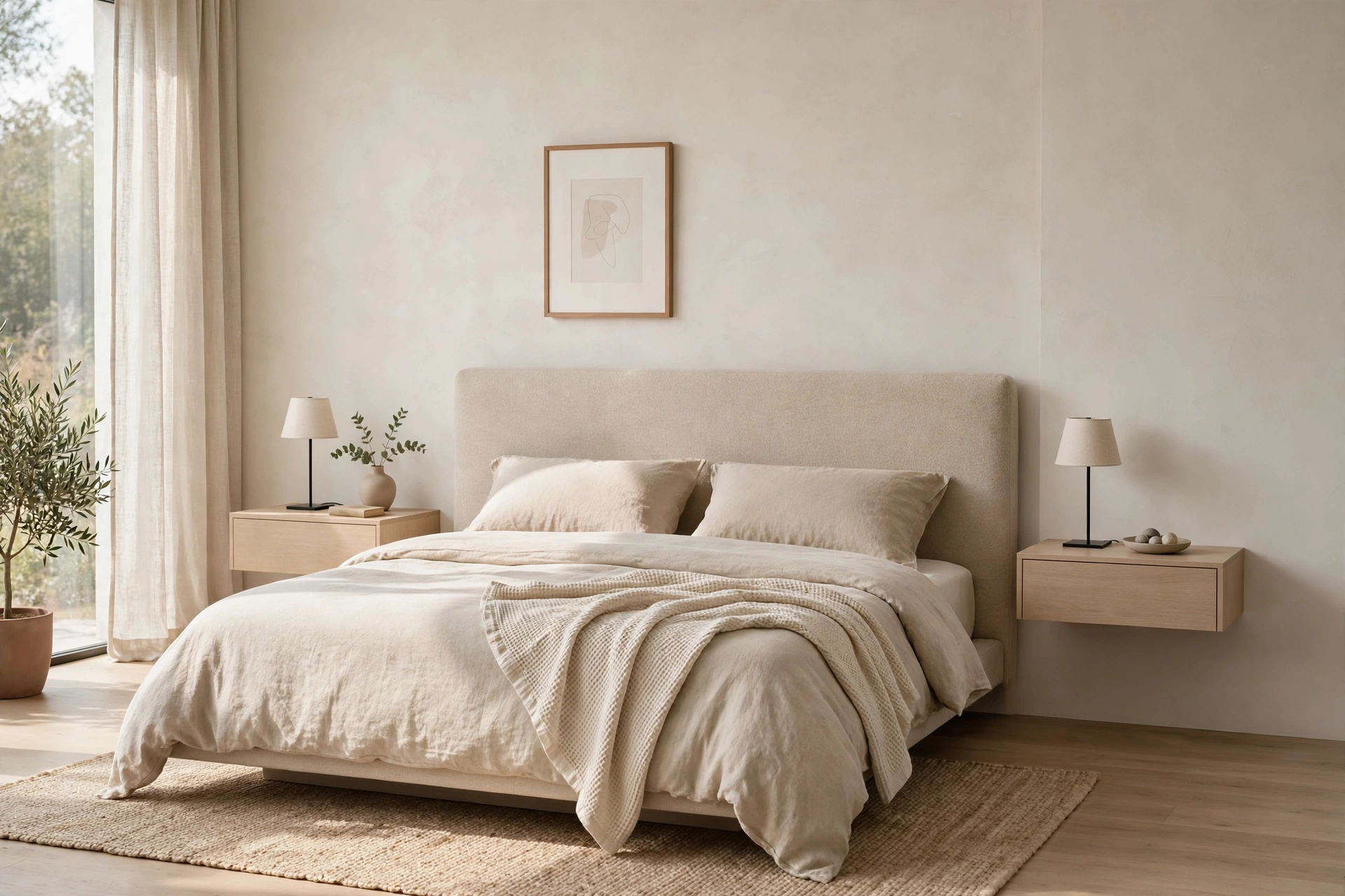 Wall-mounted floating nightstands with clean lines beside a contemporary platform bed