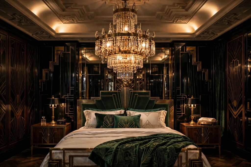 Art deco bedroom design ideas with a tiered brass chandelier glowing over the bed