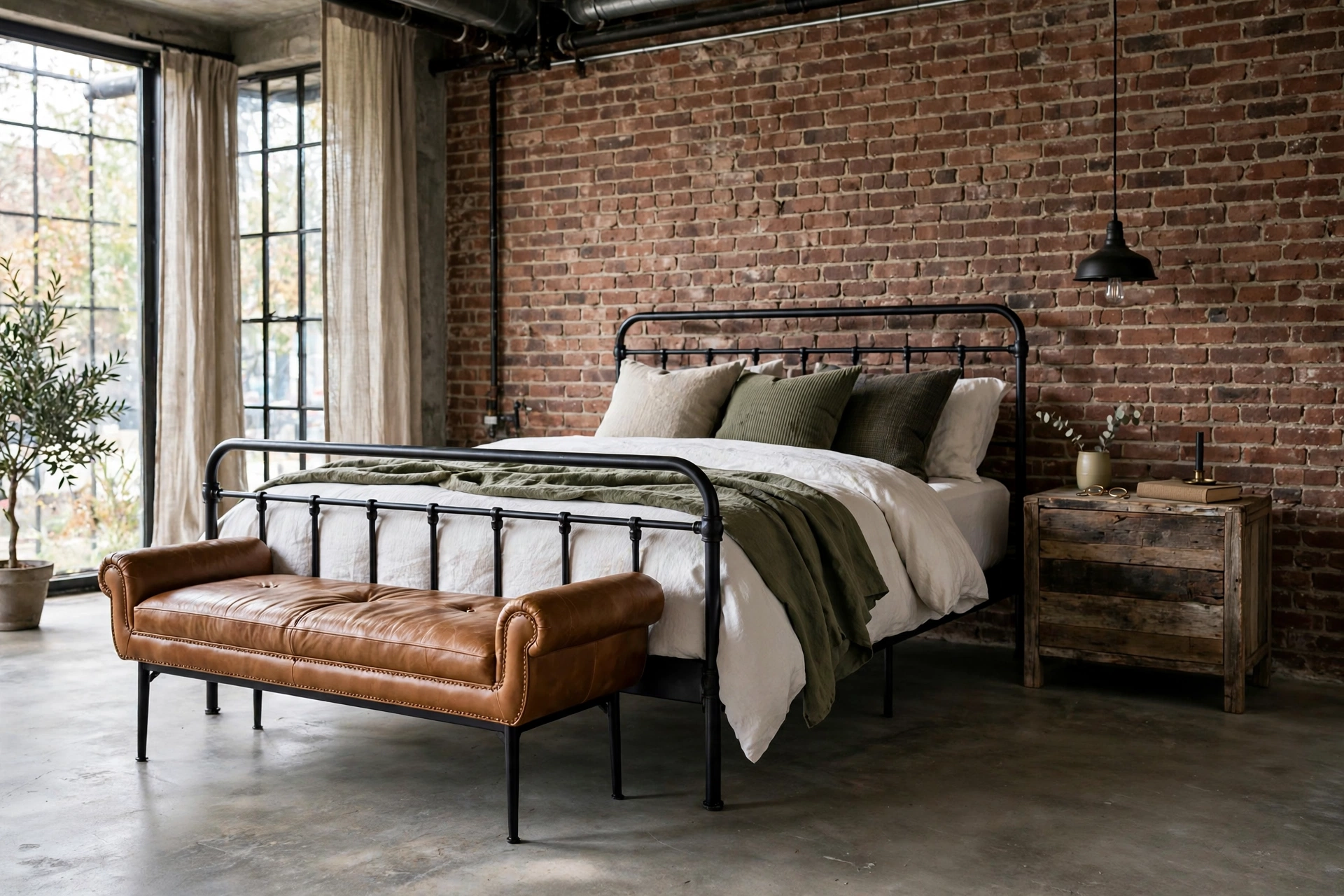 Cognac leather bench at the foot of the bed in an industrial bedroom