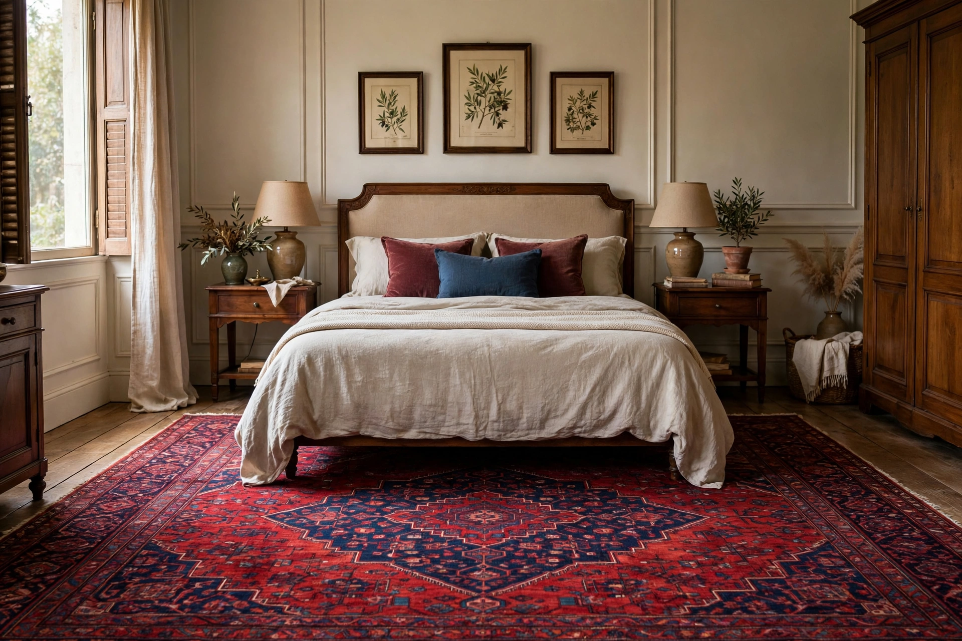 Traditional bedroom design ideas with a rich Persian rug anchoring the bed