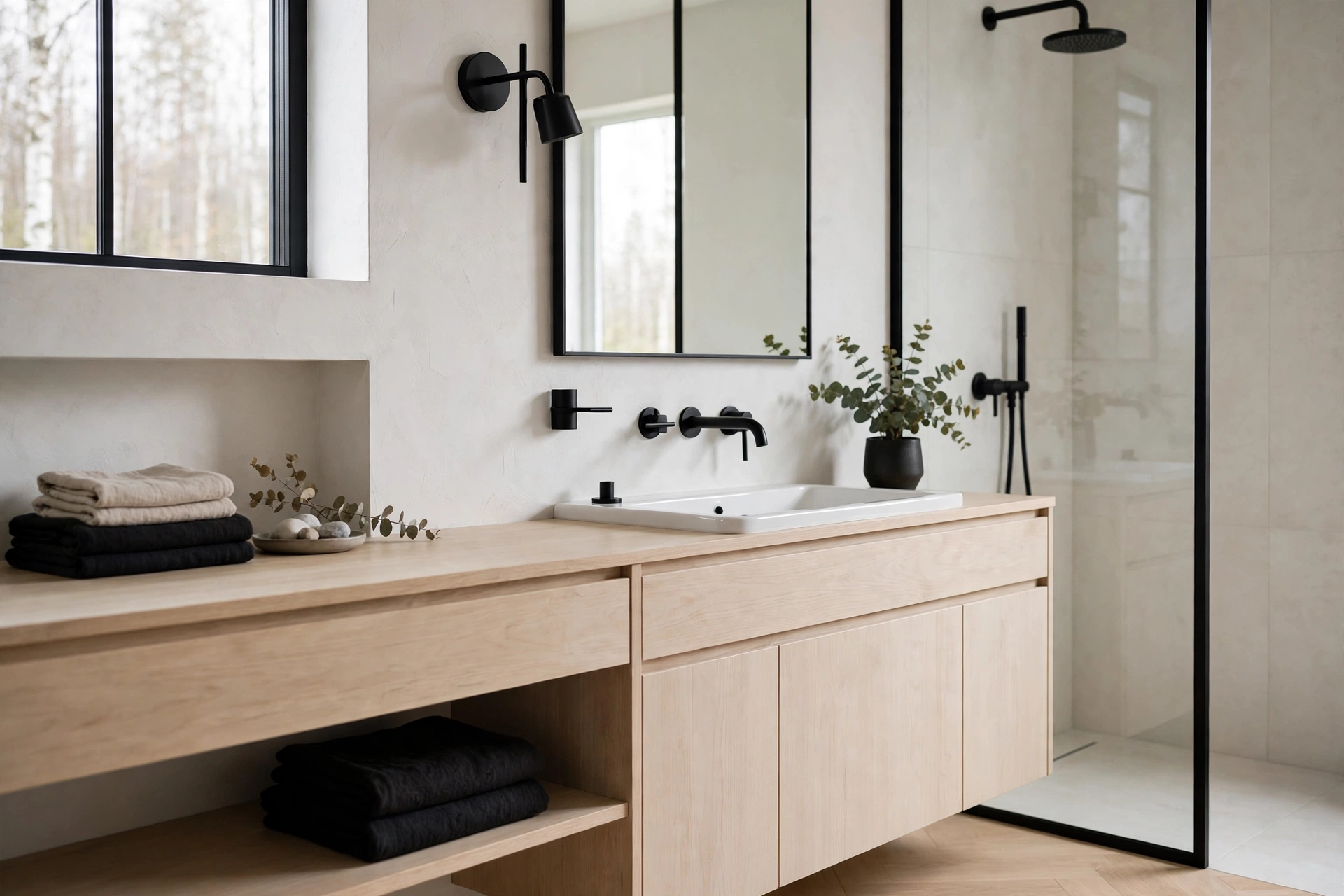 Scandinavian bathroom design ideas with matte black fixtures and clean minimalist lines