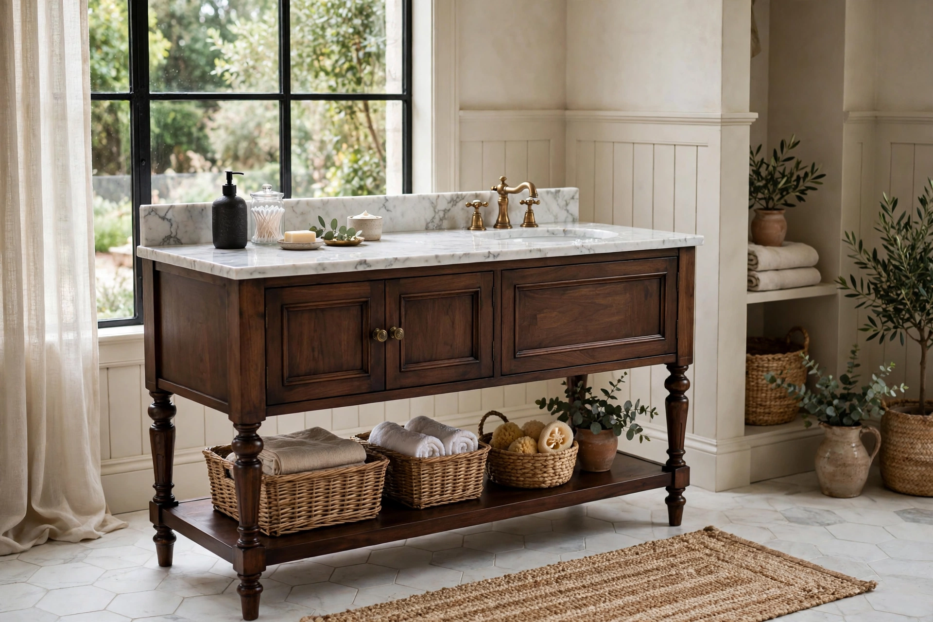 Dark wood furniture-style vanity with marble top in a traditional bathroom