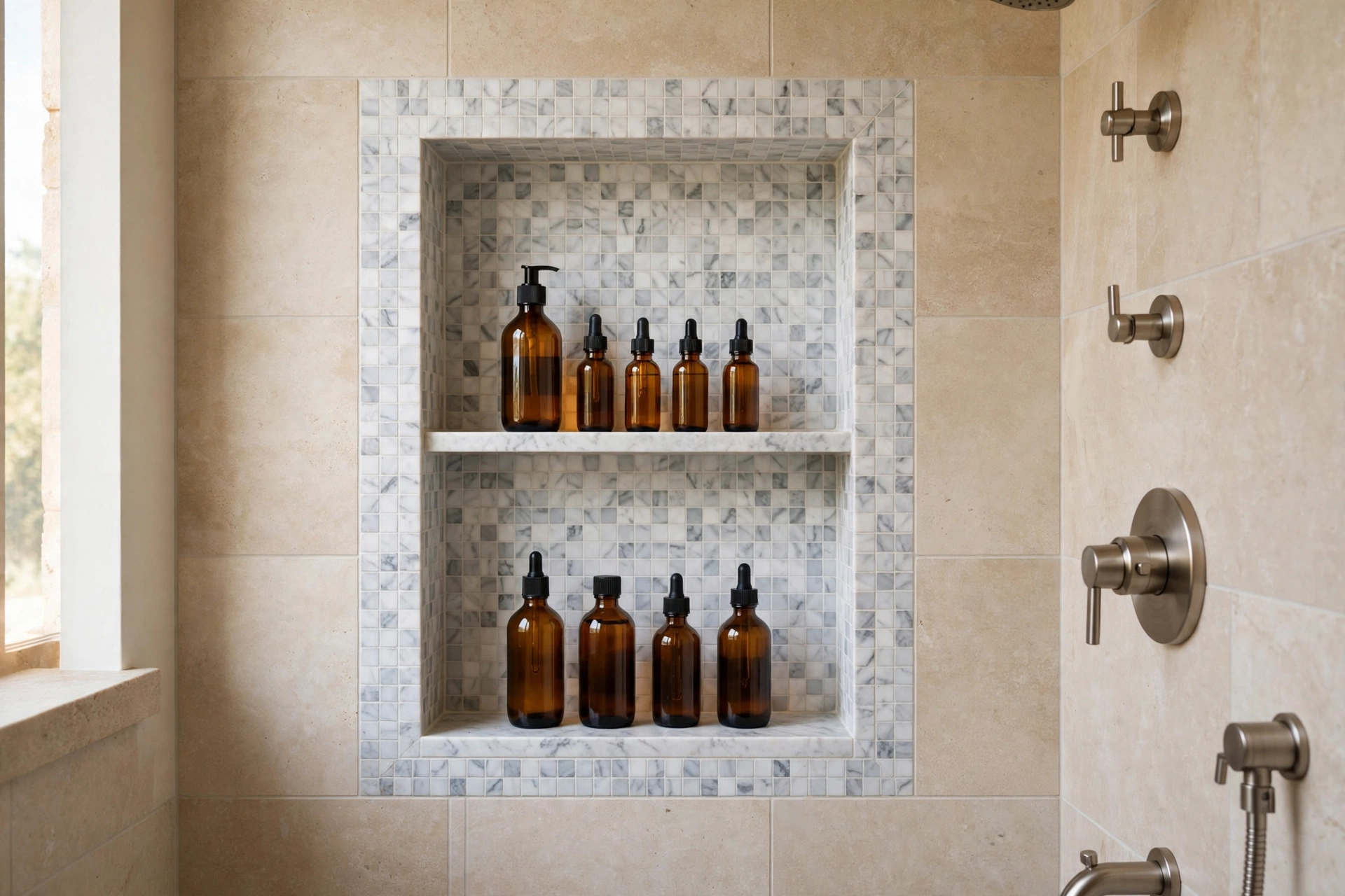 Recessed tiled shower niche with shelves holding bottles in a walk-in shower