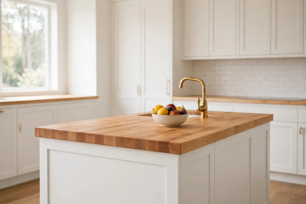 Brushed brass faucet and hardware on a white coastal bathroom vanity