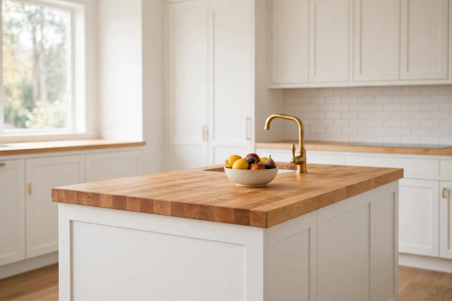 Maple butcher block countertop on a white kitchen island