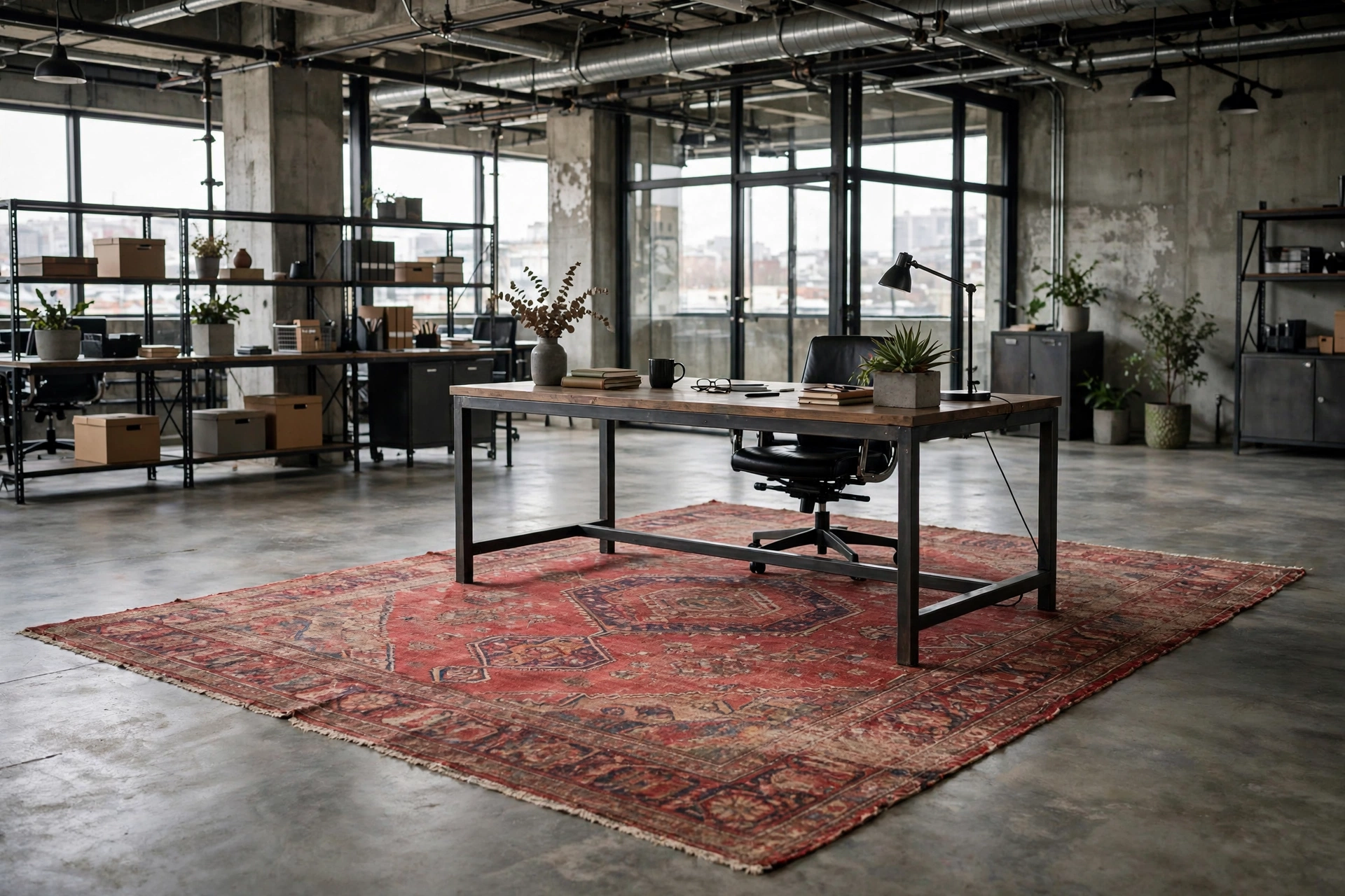 Vintage Persian rug anchoring a desk zone on concrete floors in an industrial office