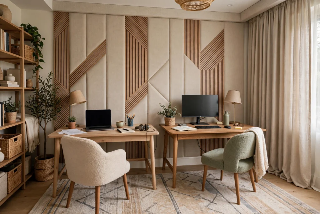 Shared home office with acoustic wall panels, rug and curtains for noise control