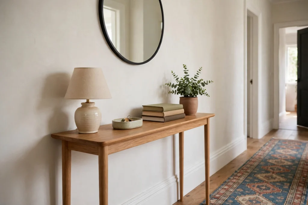 Slim wooden console table styled with lamp, key tray, books, and small plant