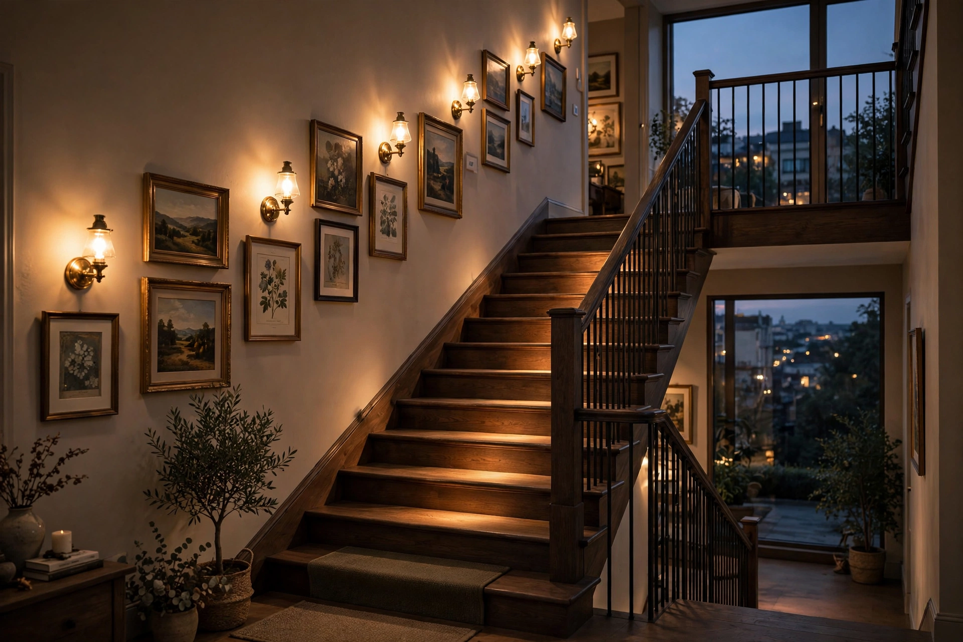 Warm brass wall sconces marching up a staircase wall beside framed artwork at night