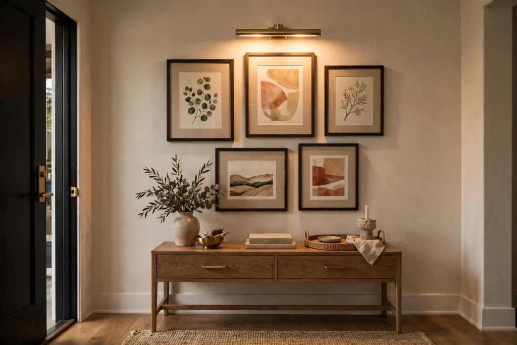Entryway lighting ideas with a brass picture light illuminating framed art above a console