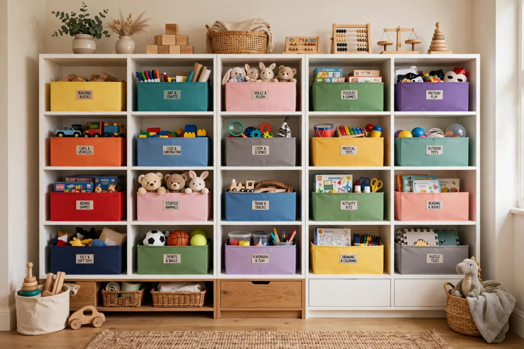 Playroom design ideas with colorful labeled bins organizing toys on white shelves