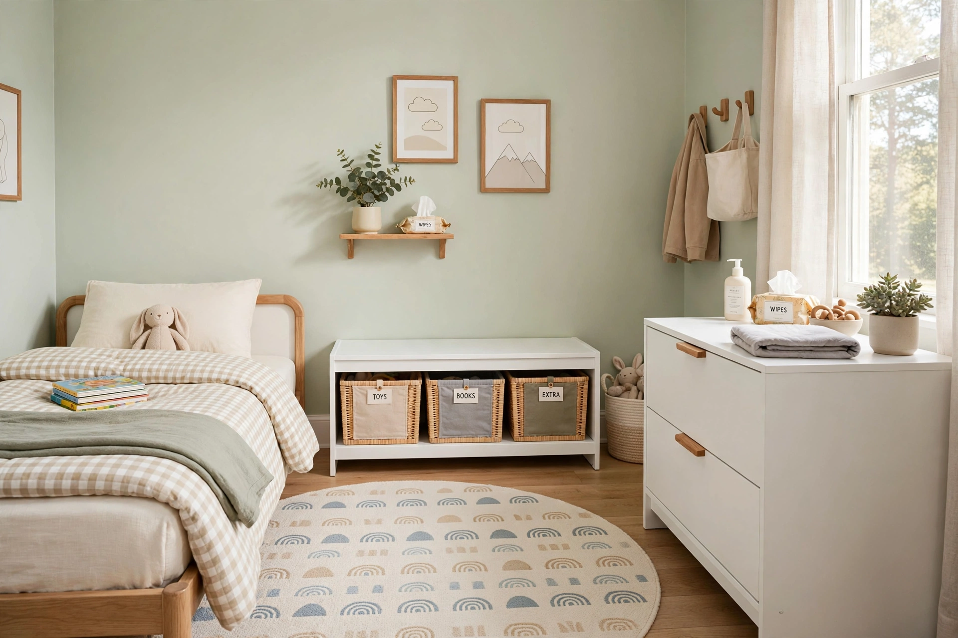 Toddler bedroom design ideas with washable rug, bedding and wipeable surfaces
