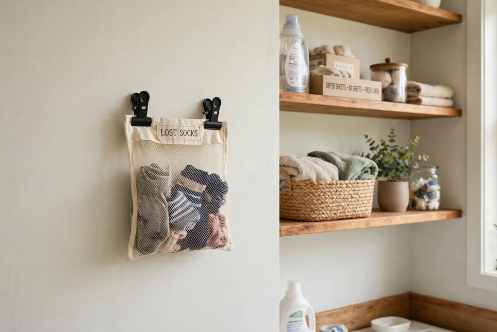 Small mesh bag lost-sock station with magnetic clips mounted on a laundry room wall