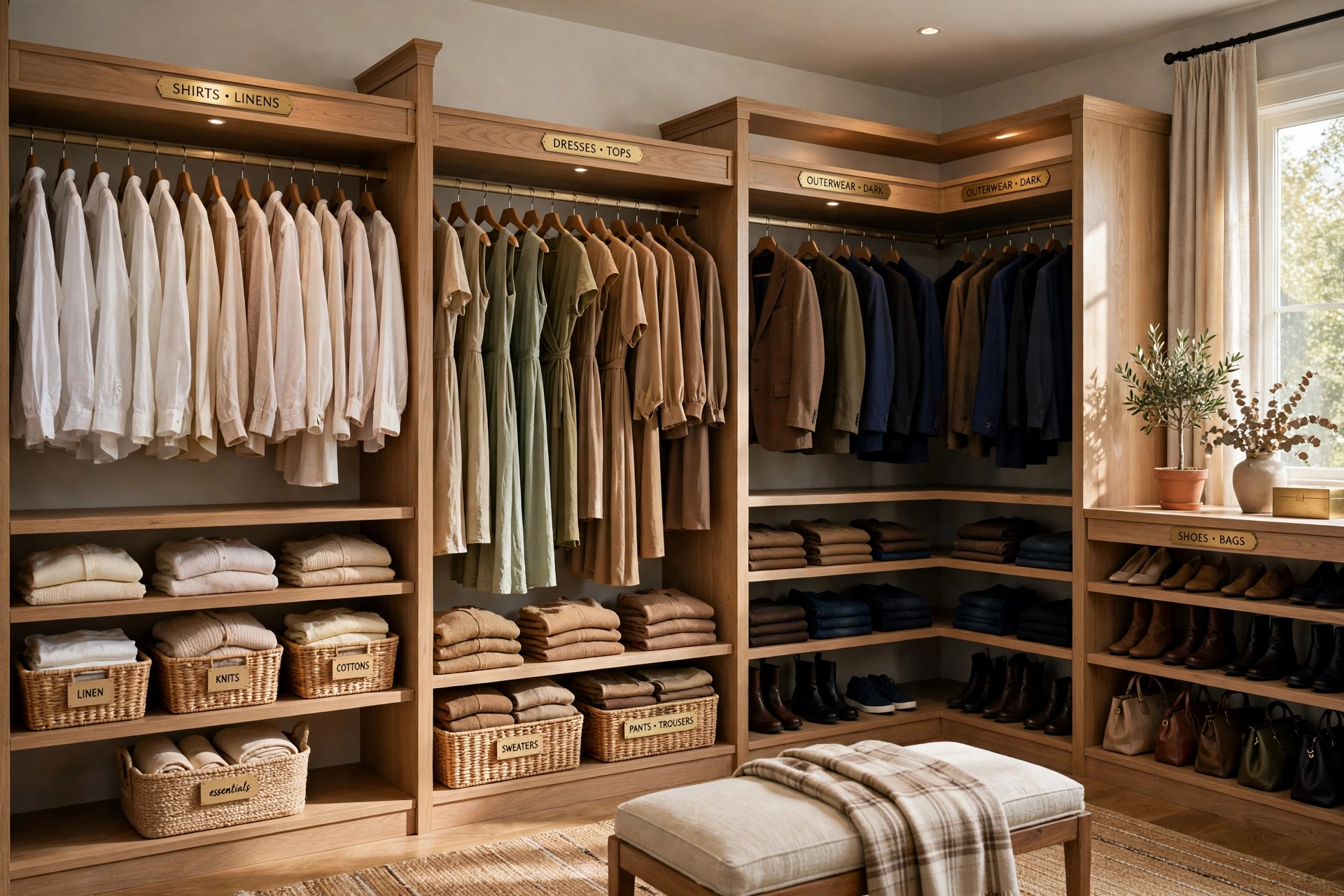 Walk-in closet zoned by clothing category and color, arranged light to dark