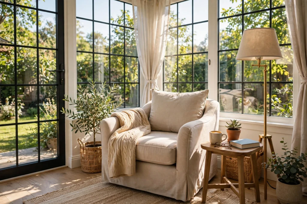 Sunroom reading nook with an armchair, side table, floor lamp and throw in the brightest corner
