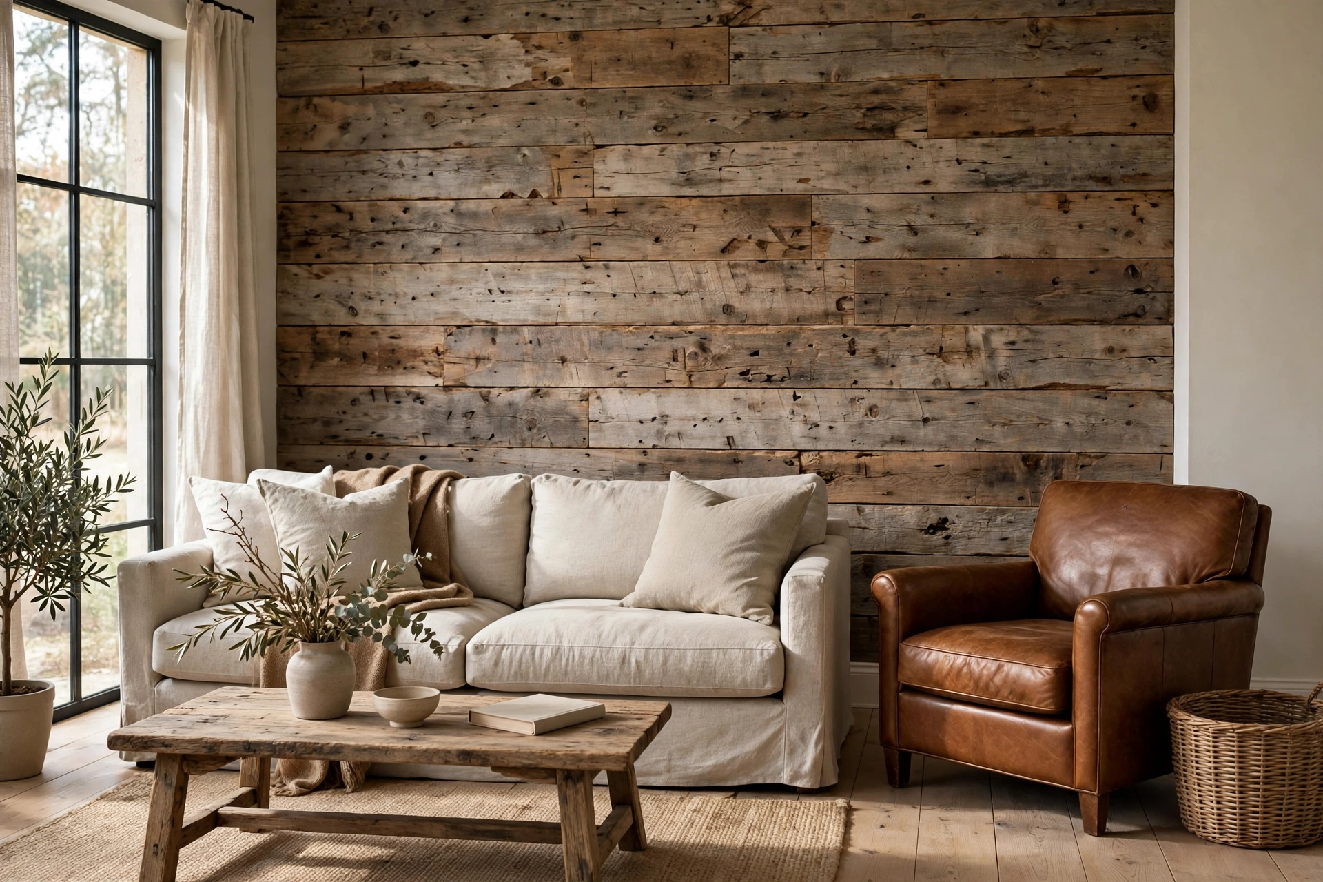 Rough-sawn wood plank accent wall behind linen sofa in rustic living room