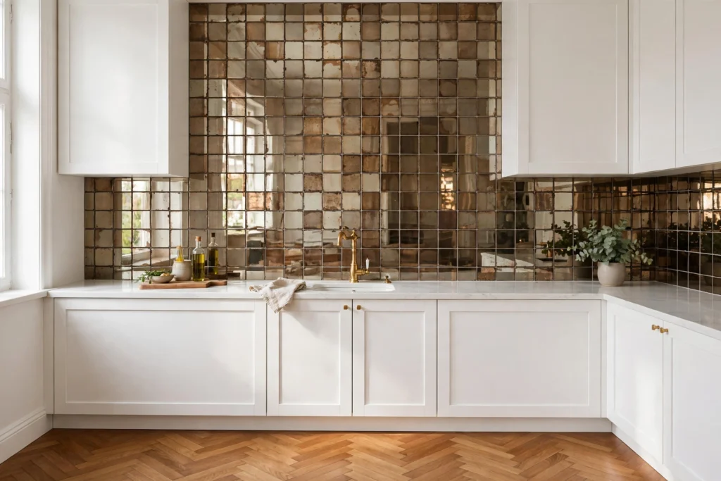 Kitchen backsplash ideas with antique mirrored glass tiles reflecting light in a small kitchen.