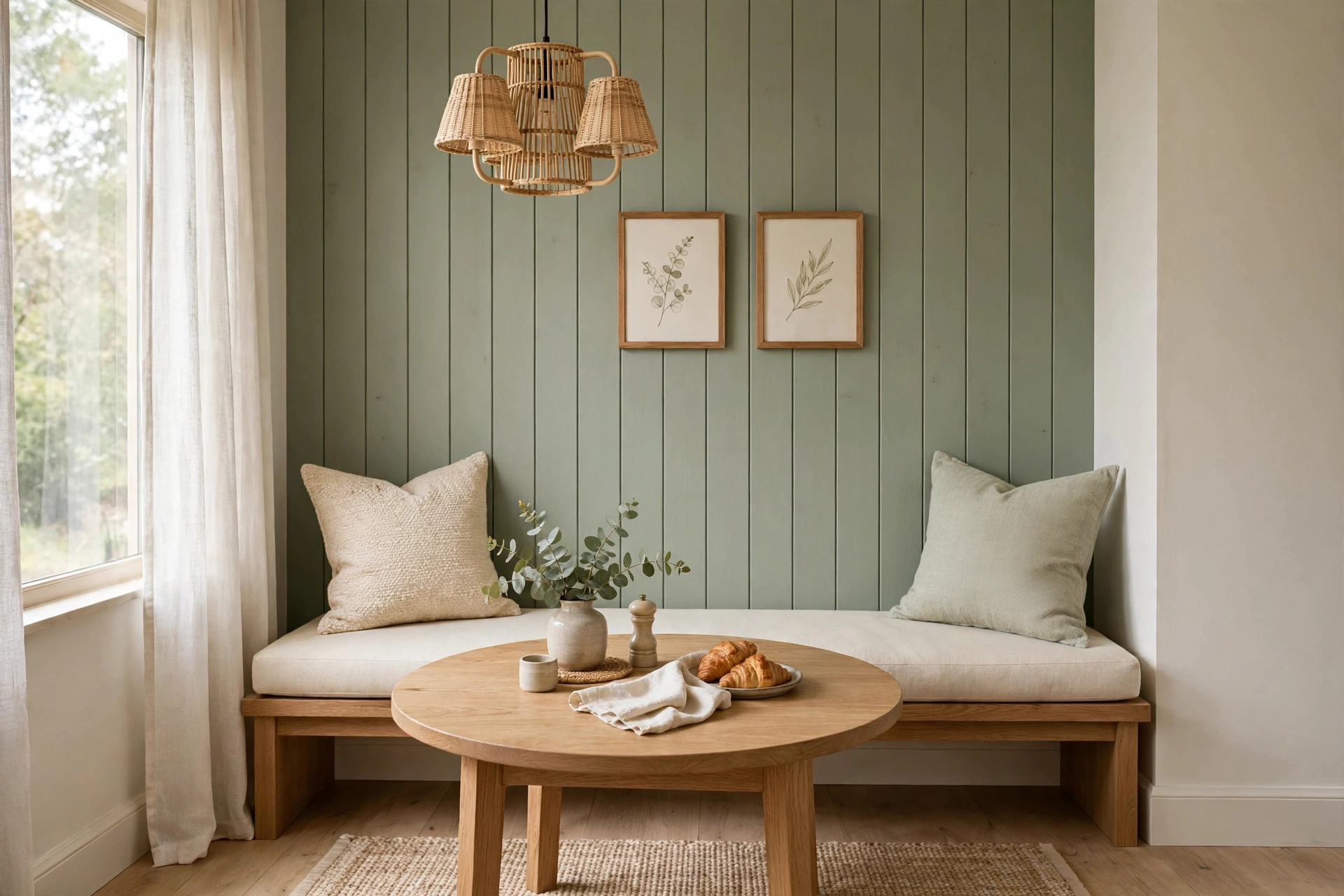 Breakfast nook ideas with a sage shiplap accent wall behind a wood banquette bench.