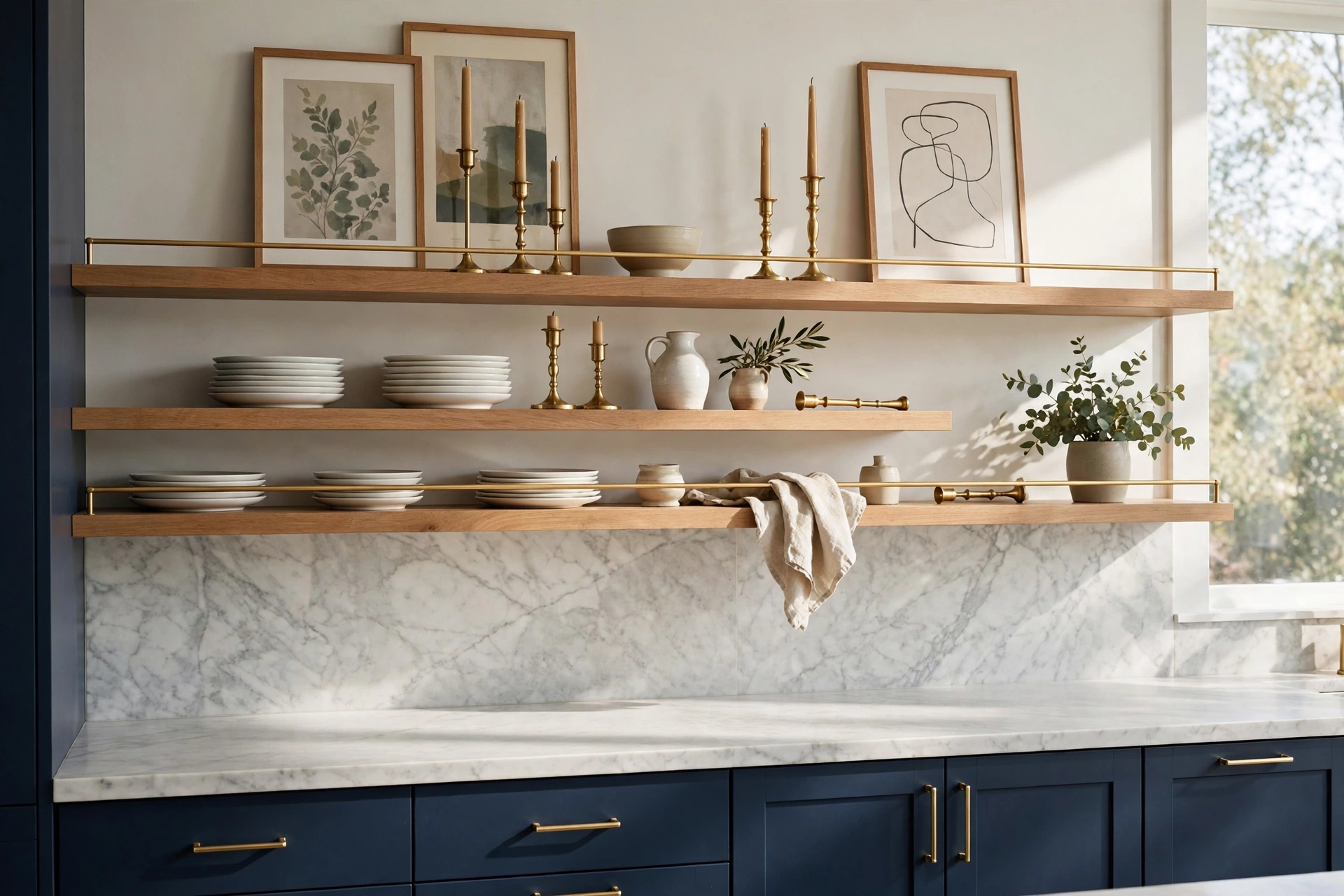 Open kitchen shelving ideas with brass gallery rails on floating shelves in a modern kitchen.