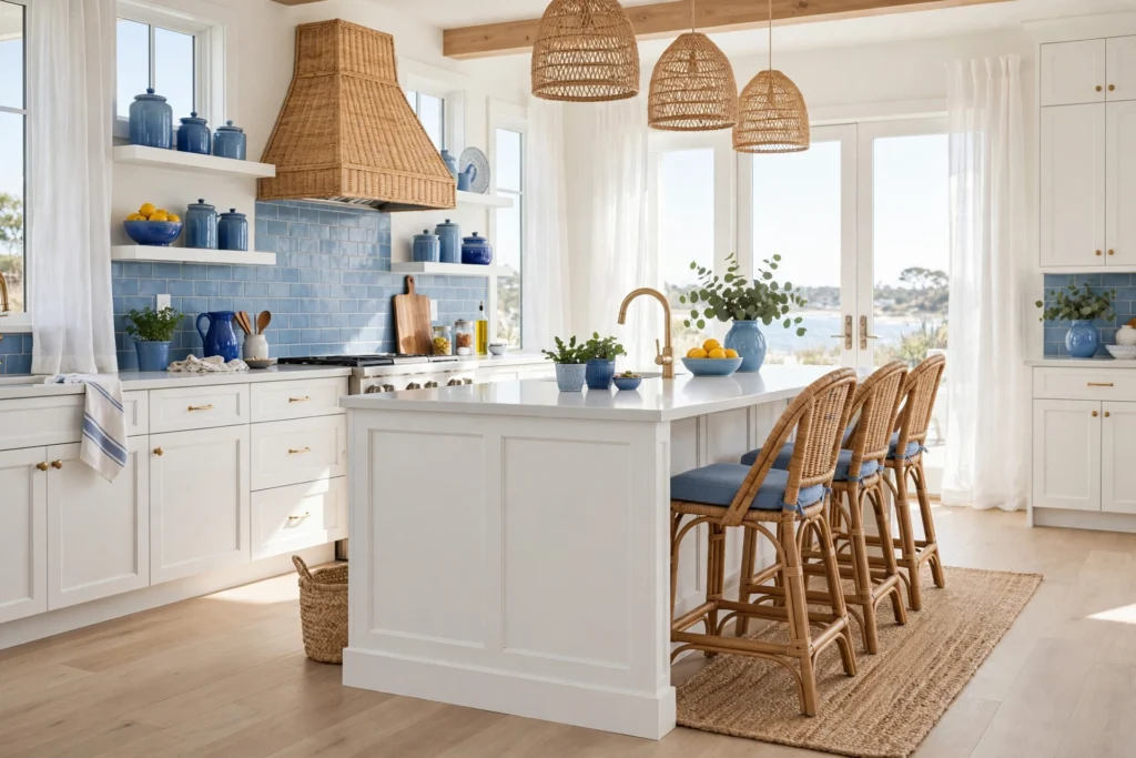 Kitchen rug ideas with a natural jute runner alongside a white kitchen island.