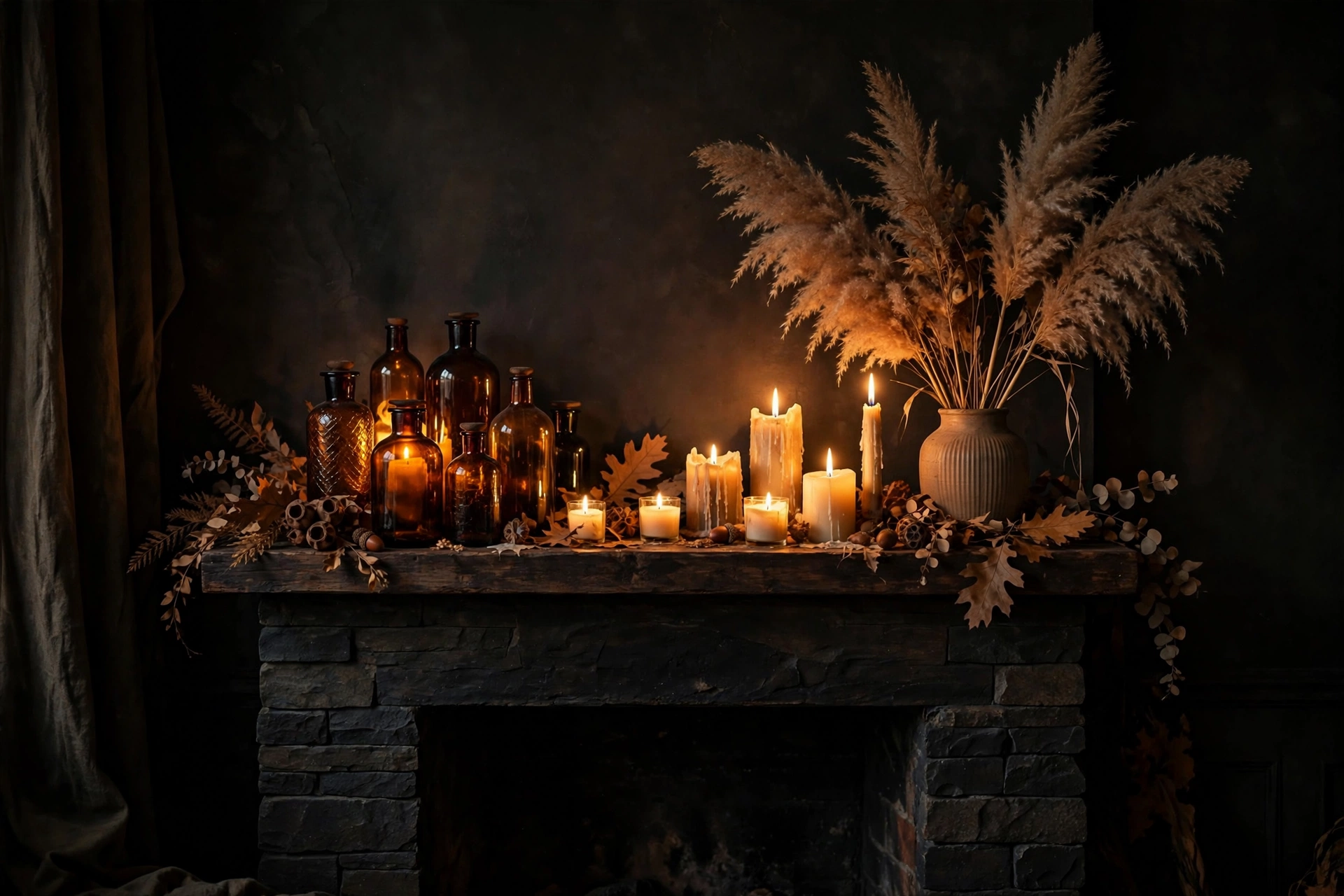 Fireplace mantel decor ideas with amber glass bottles and glowing candles for fall.