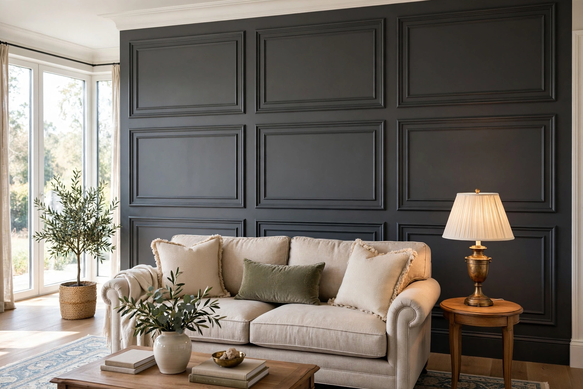 Living room accent wall ideas with charcoal picture-frame molding panels and a traditional sofa in an elegant living room.