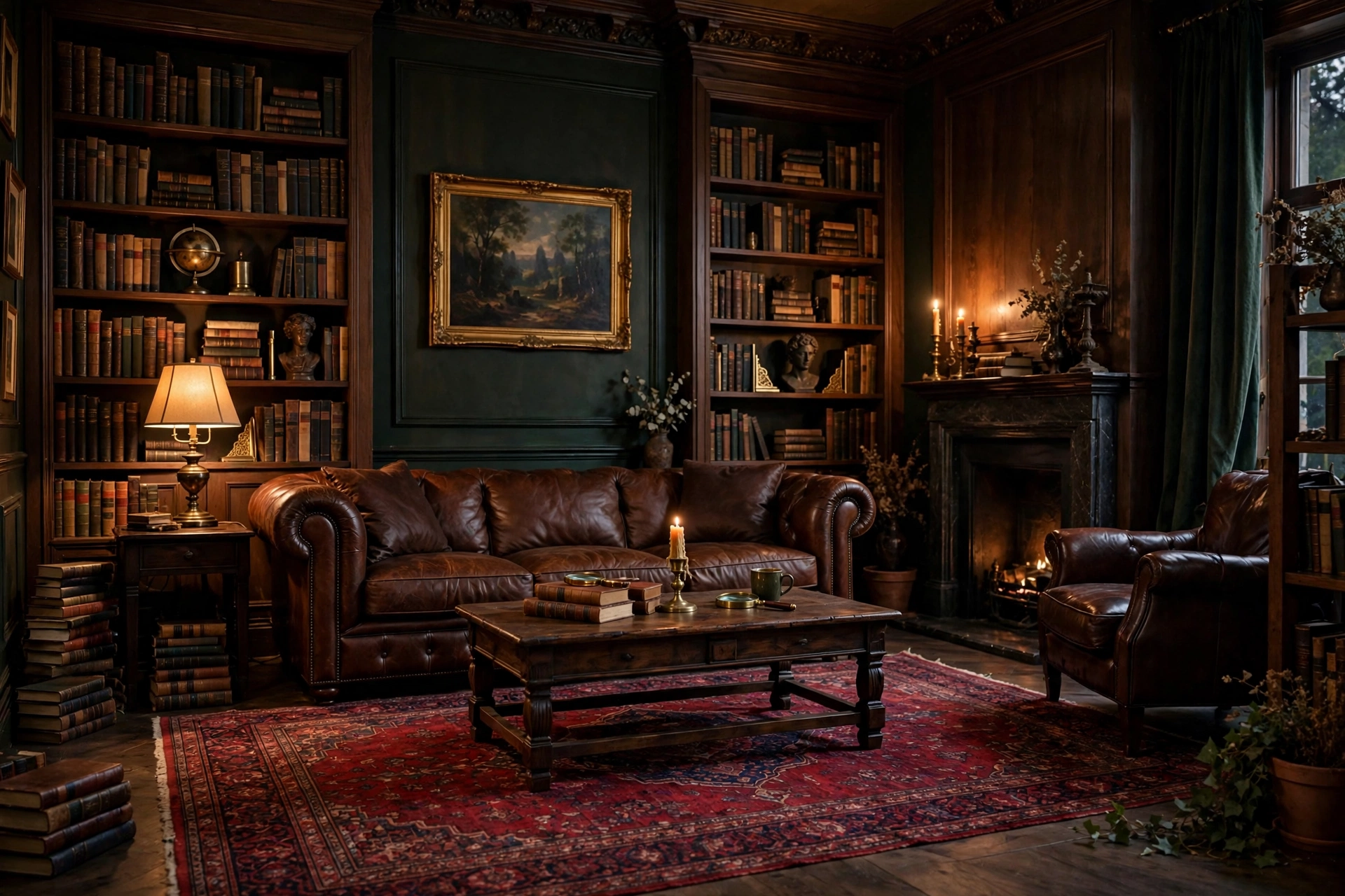 Dark academia living room with a deep red Persian rug under a leather sofa and dark wood furniture.