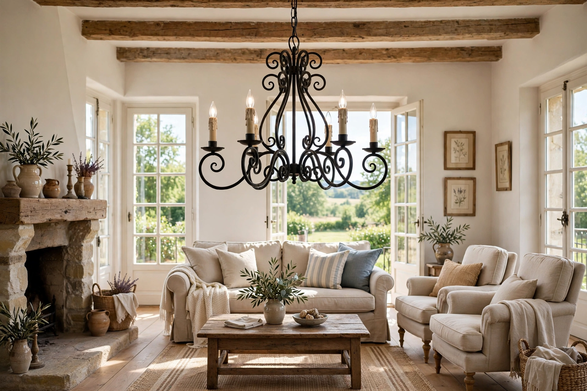 French country living room with a scrolled wrought iron candle-style chandelier over the seating area.