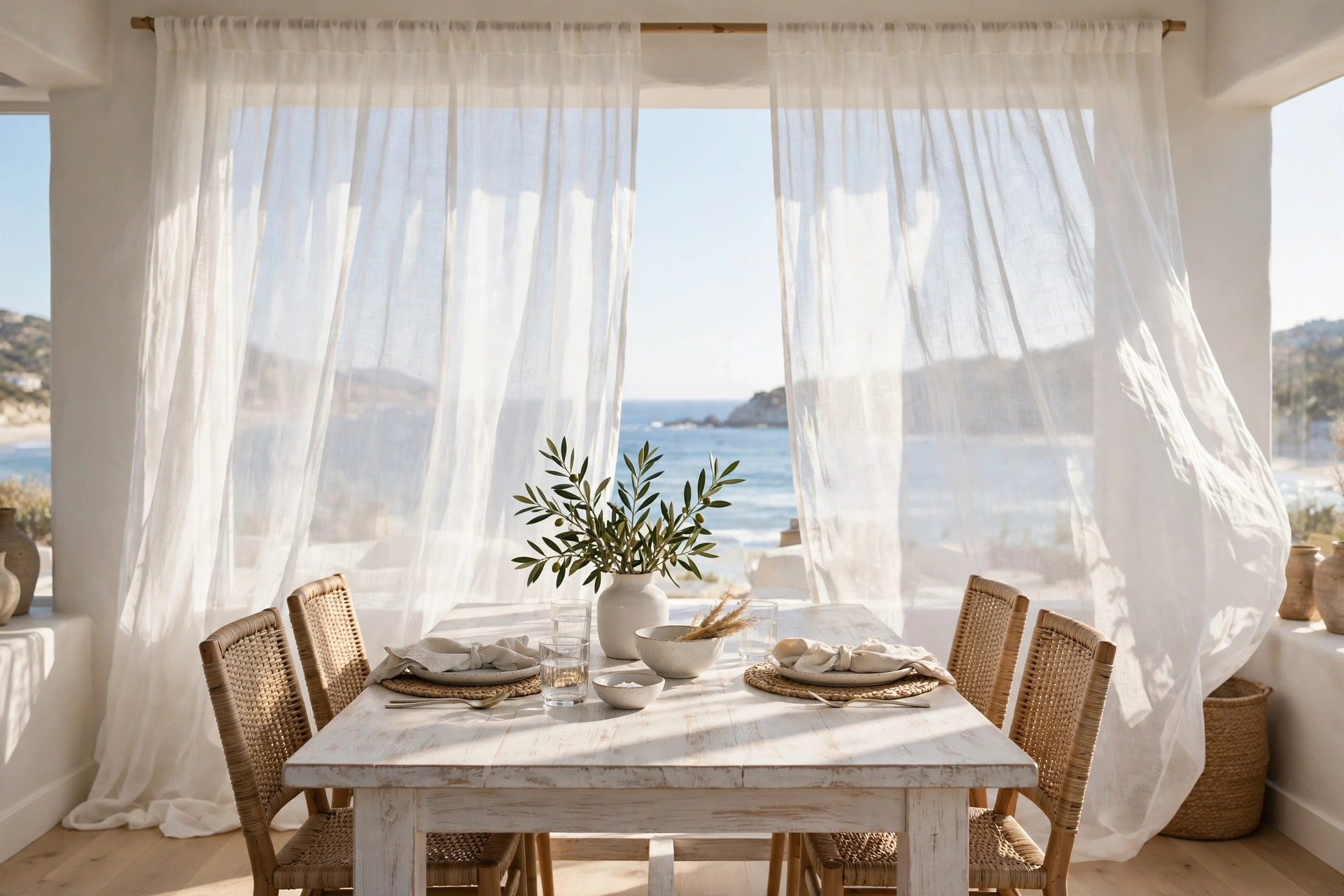 Coastal dining room ideas with sheer white linen curtains filtering sunlight over a coastal dining set.