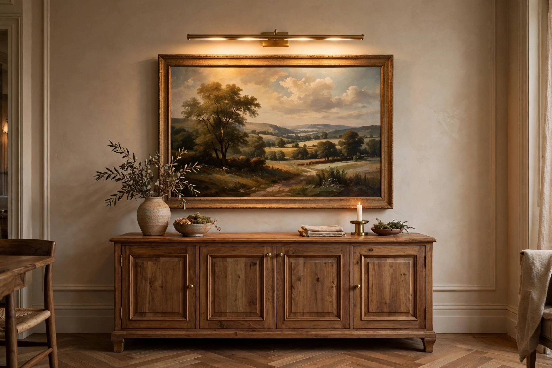 Dining room lighting ideas with a slim brass picture light illuminating a large painting above the sideboard.