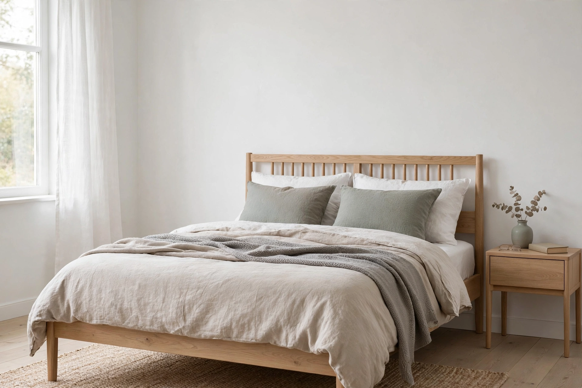 Neutral bedroom with dusty-sage accent pillows and vase on light oak furniture