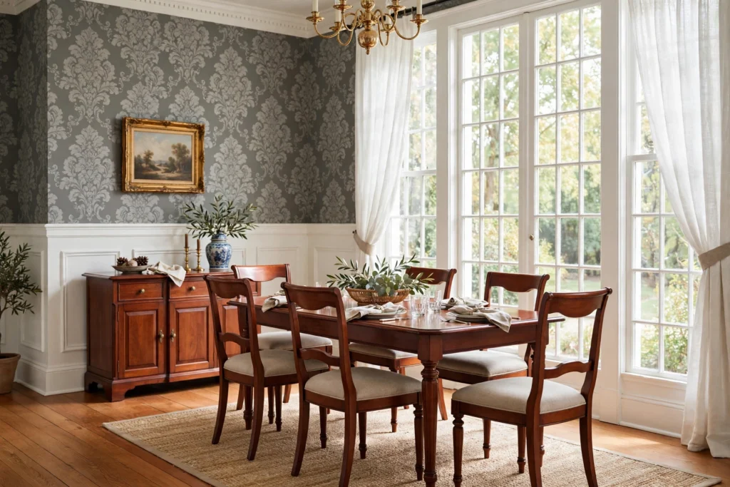 Traditional dining room with gray damask wallpaper, white wainscoting, and a cherry wood dining set by tall windows.