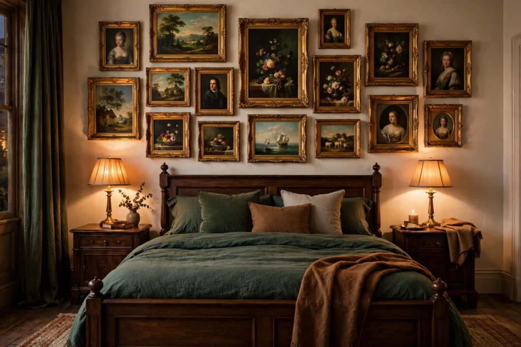 Salon-style gallery wall of classical oil painting reproductions in ornate gold frames above a dark wood bed.