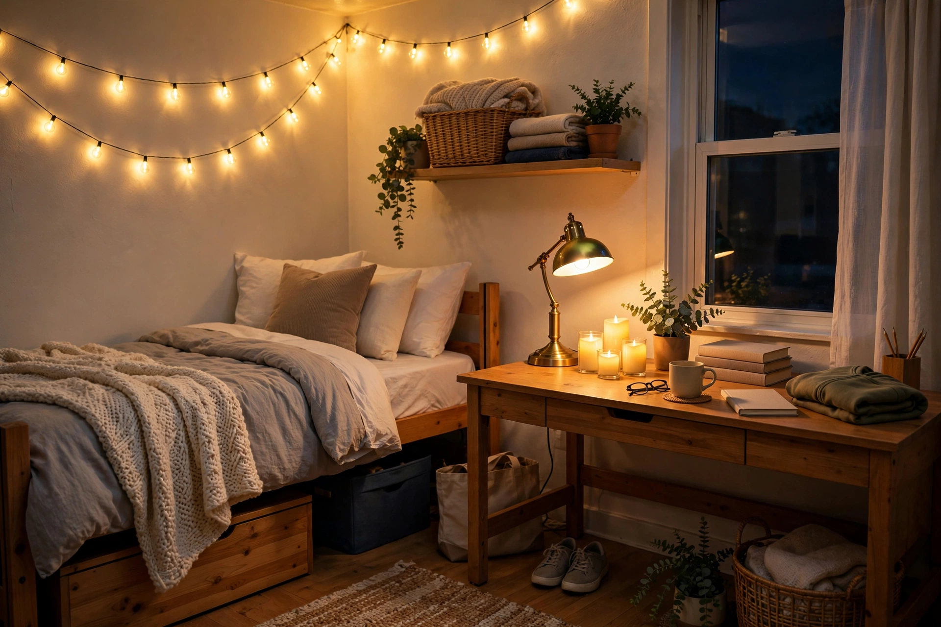 Dorm room glowing with warm string lights, a desk lamp, and LED candles instead of harsh overhead lighting.