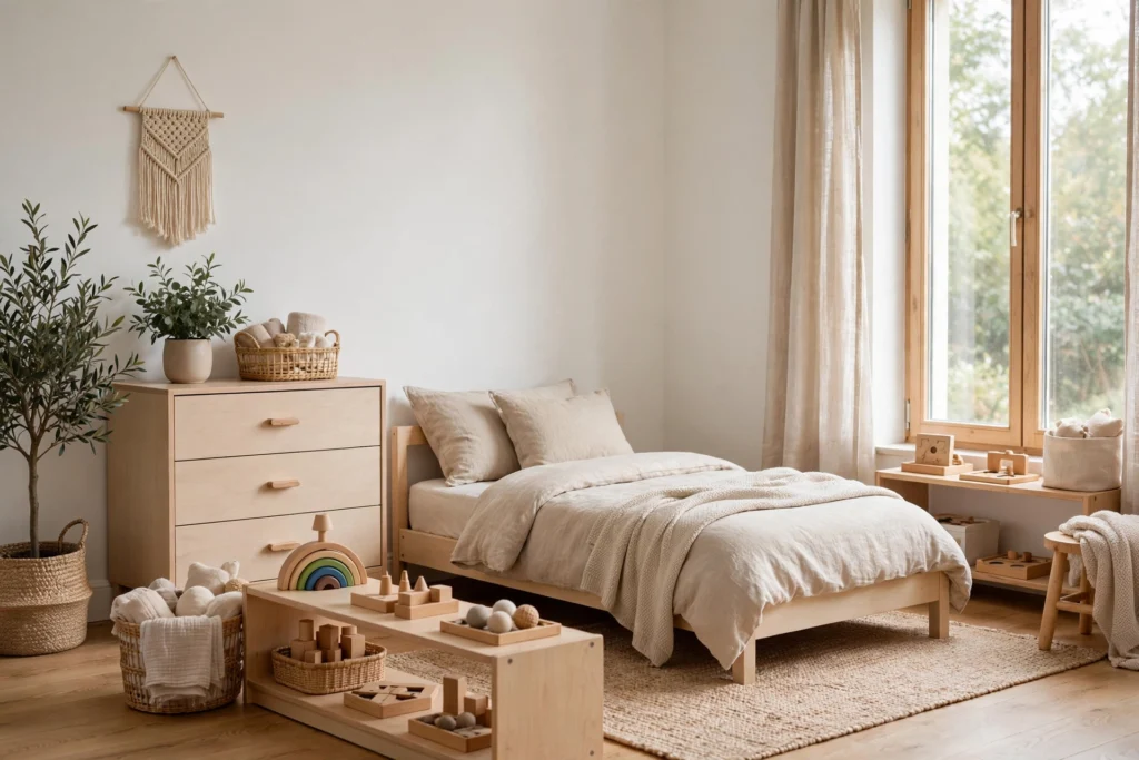 Serene montessori bedroom with warm white walls, light wood furniture, and soft beige textiles in daylight.