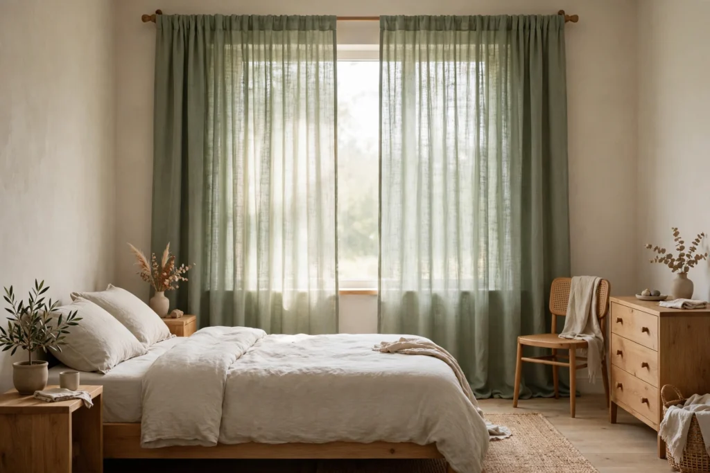 Floor-length sage linen curtains filtering soft daylight in a calm bedroom with natural wood furniture.