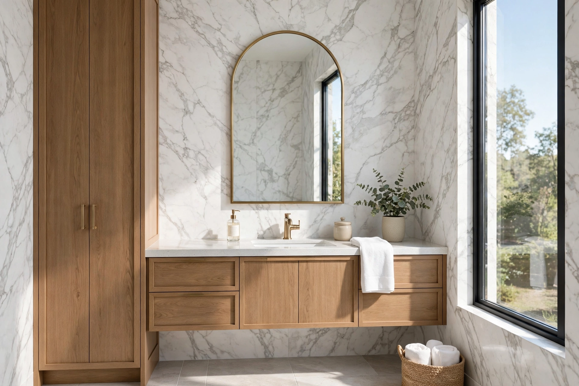 Marble-effect bathroom wallpaper with white Carrara-style veining floor-to-ceiling behind a vanity.