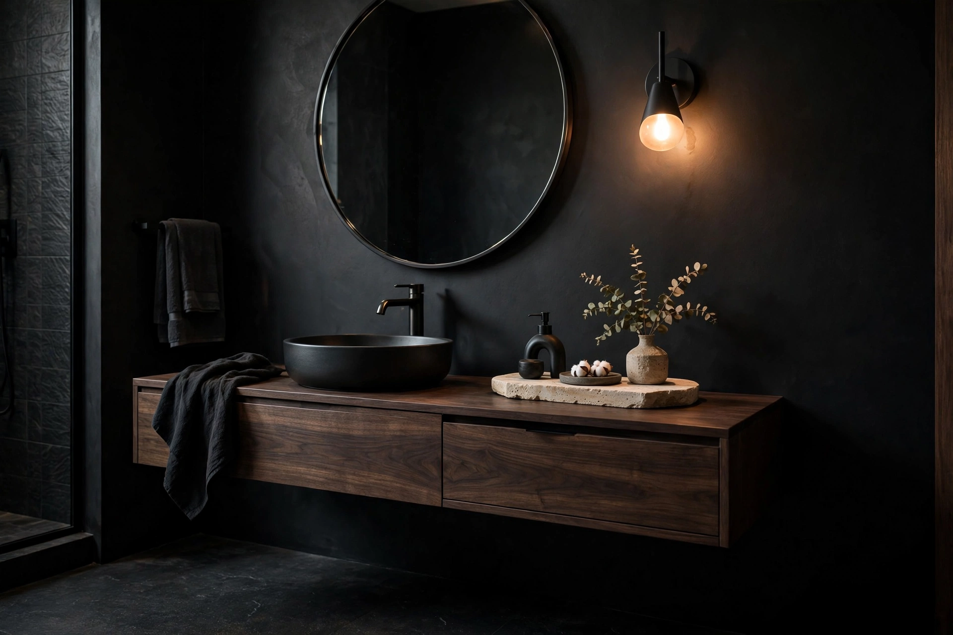 Dark walnut floating vanity in a moody bathroom with stone tray styling and minimal accessories.