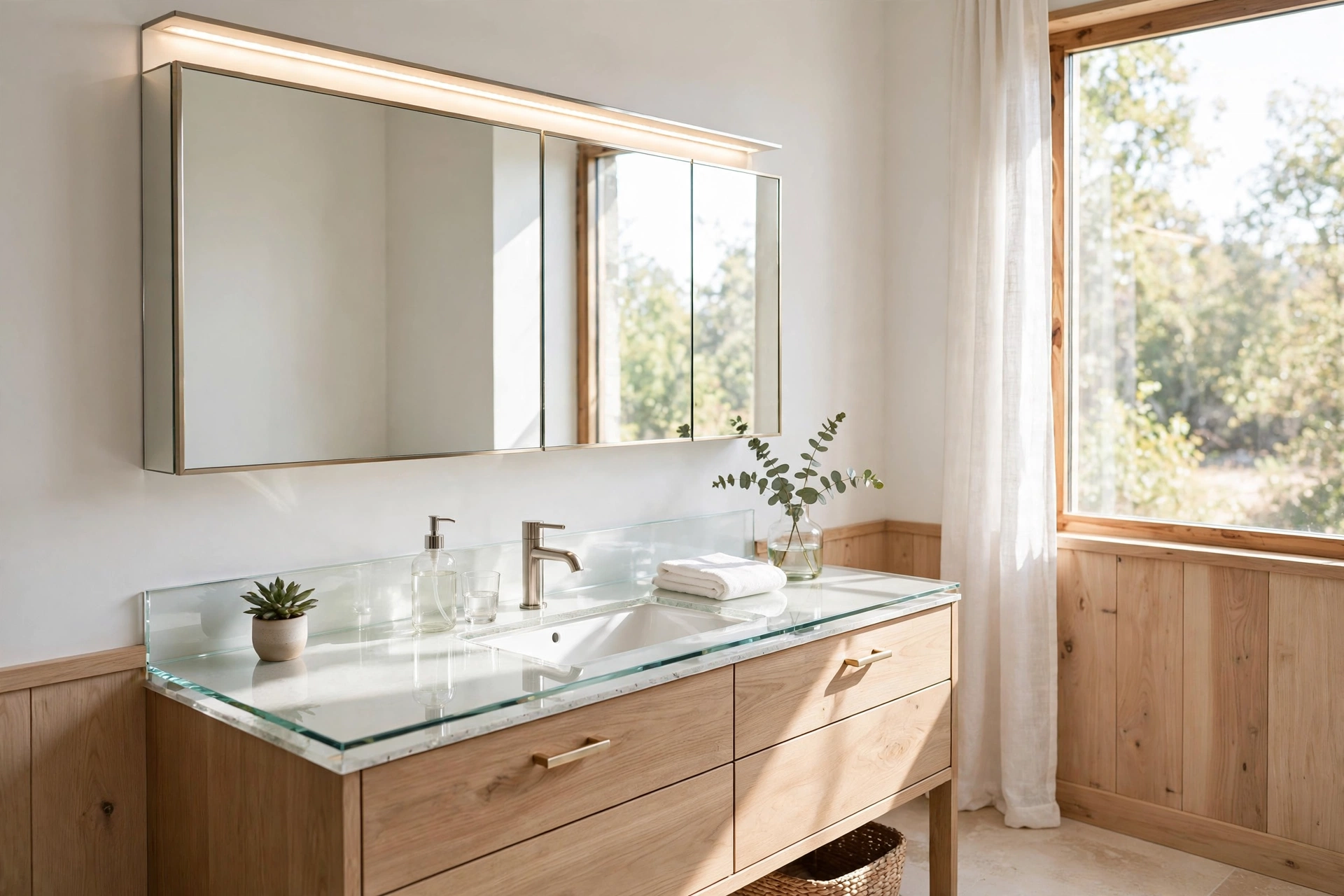 Mirrored medicine cabinet with hidden storage and integrated lighting above a bathroom vanity.